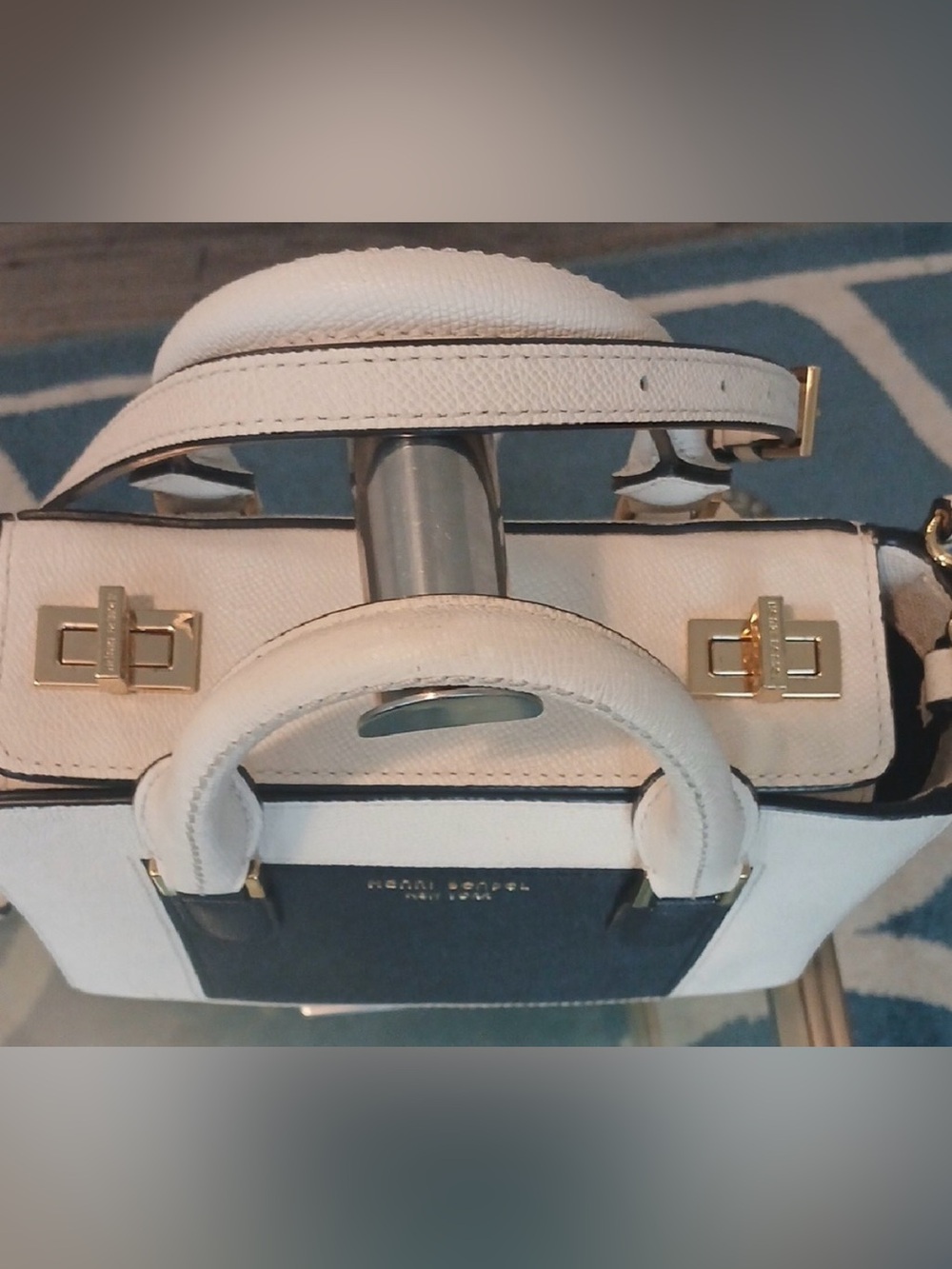 Henri Bendel White Black Mini Satchel Crossbody Gold Hardware - Picture 2 of 8